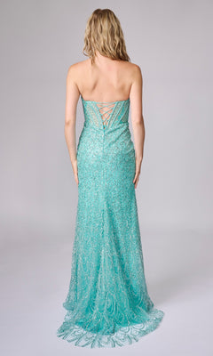 A woman models the Long Sequin Prom Dress: Nina Canacci 4458, featuring a strapless design with a sheer corset bodice and lace-up back, set against a plain background.
