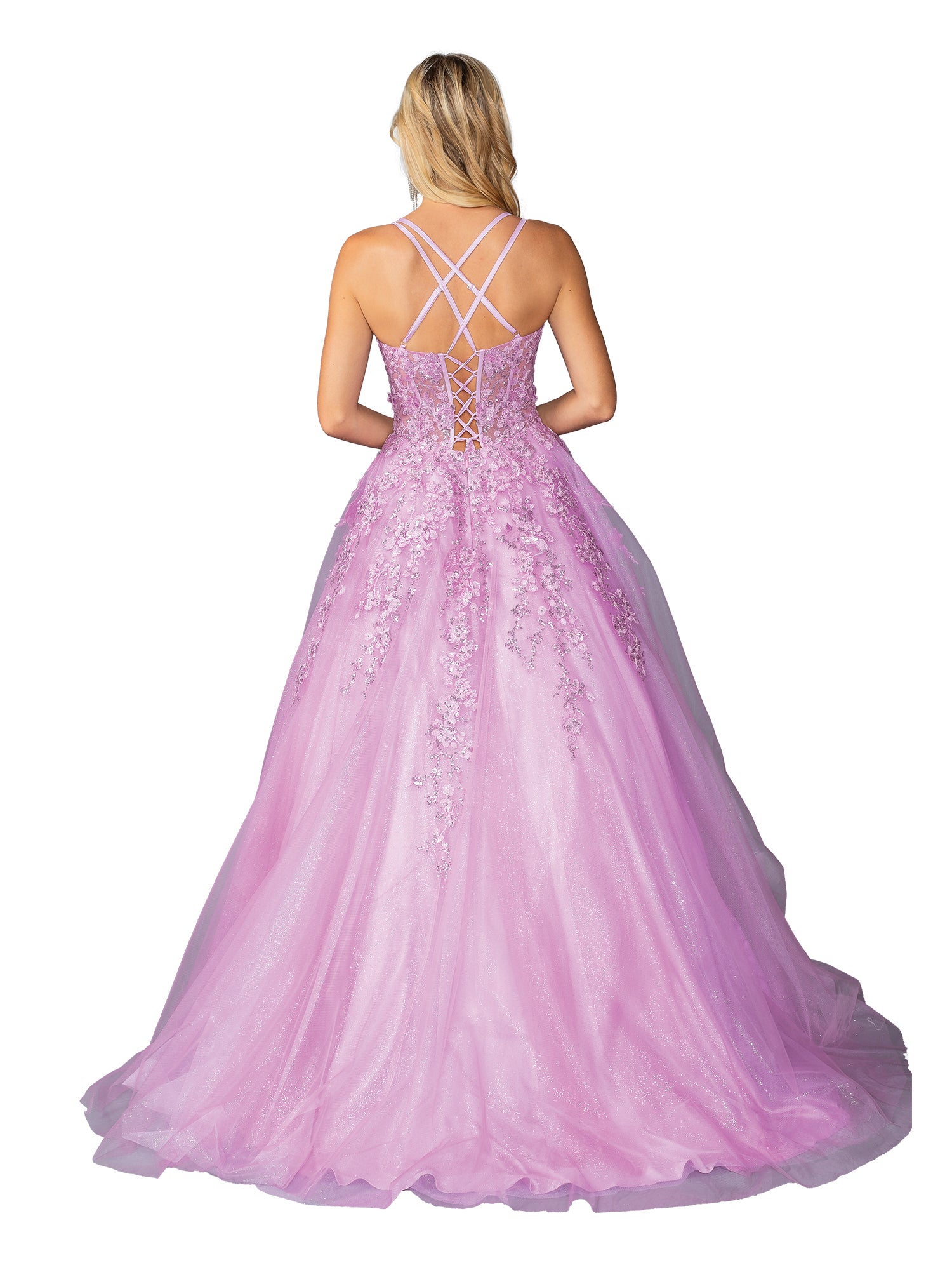 A woman is shown from the back in the Lilac Purple Prom Ball Gown: Dancing Queen 4458, featuring lace details and crisscross straps, set against a white background.