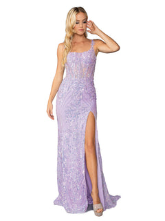A woman wears the Dancing Queen 4461 long sequin-print prom dress with a strappy back and thigh-high slit, posing against a white background.