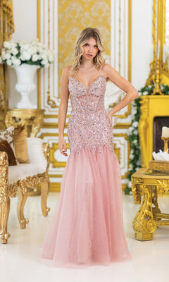 A woman wearing the Sequin-Bodice Long Prom Dress: Dancing Queen 4468 stands in an ornate room with gold and white decor, flowers, mirrors, and luxurious furniture.