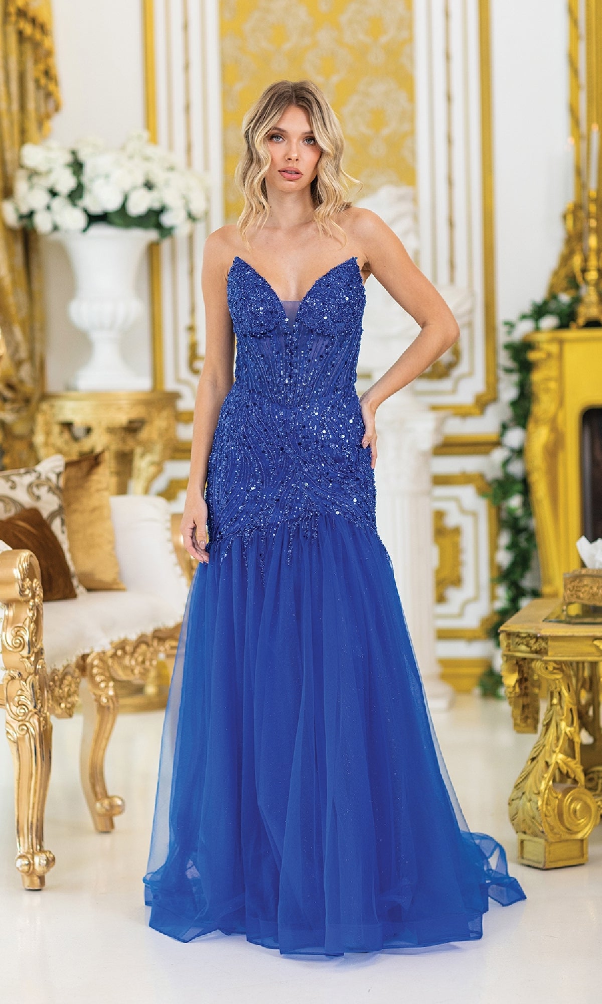 Strapless Long Mermaid Pom Dress with Sequins - Main Image