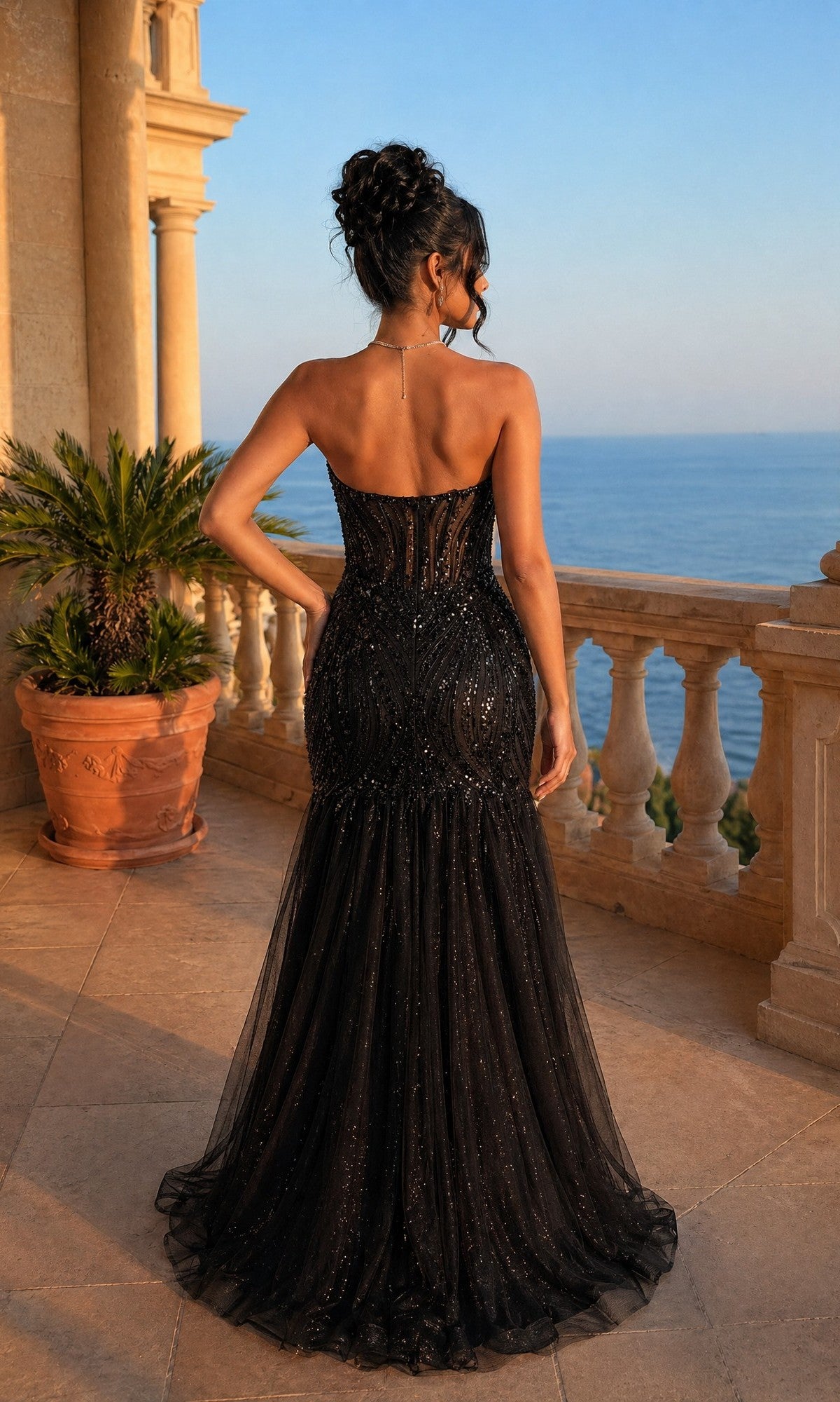 Strapless Long Mermaid Pom Dress with Sequins Black / Large Strapless Long Mermaid Pom Dress with Sequins Black / Large