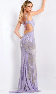 A woman poses with her back to the camera against a white background, wearing the Jovani 44723 long pageant evening gown in lavender, featuring a sleeveless v-neck design with floor-length sequins and beaded fringe detailing.