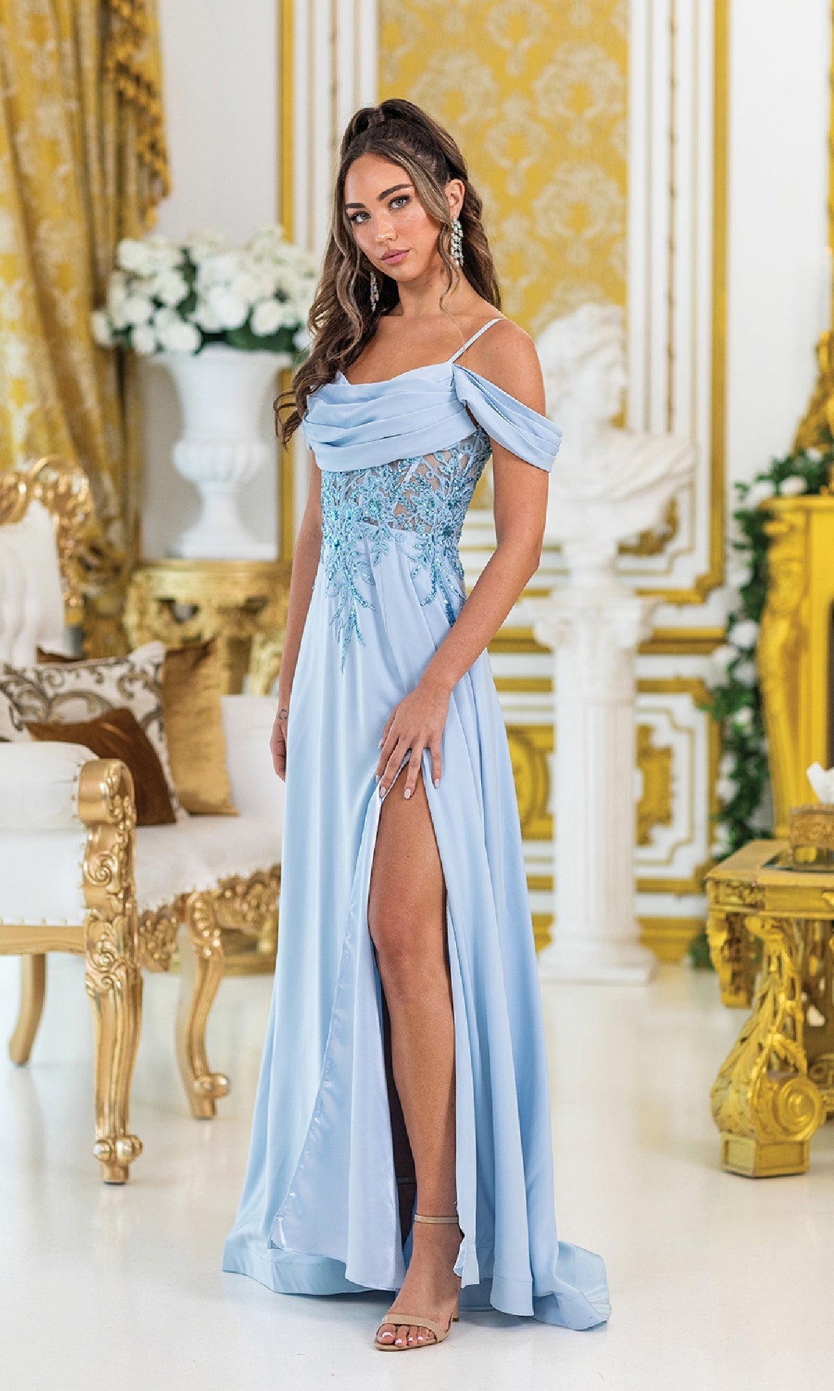 Off-Shoulder Long Prom Dress with Beaded-Lace Corset Champagne / Small