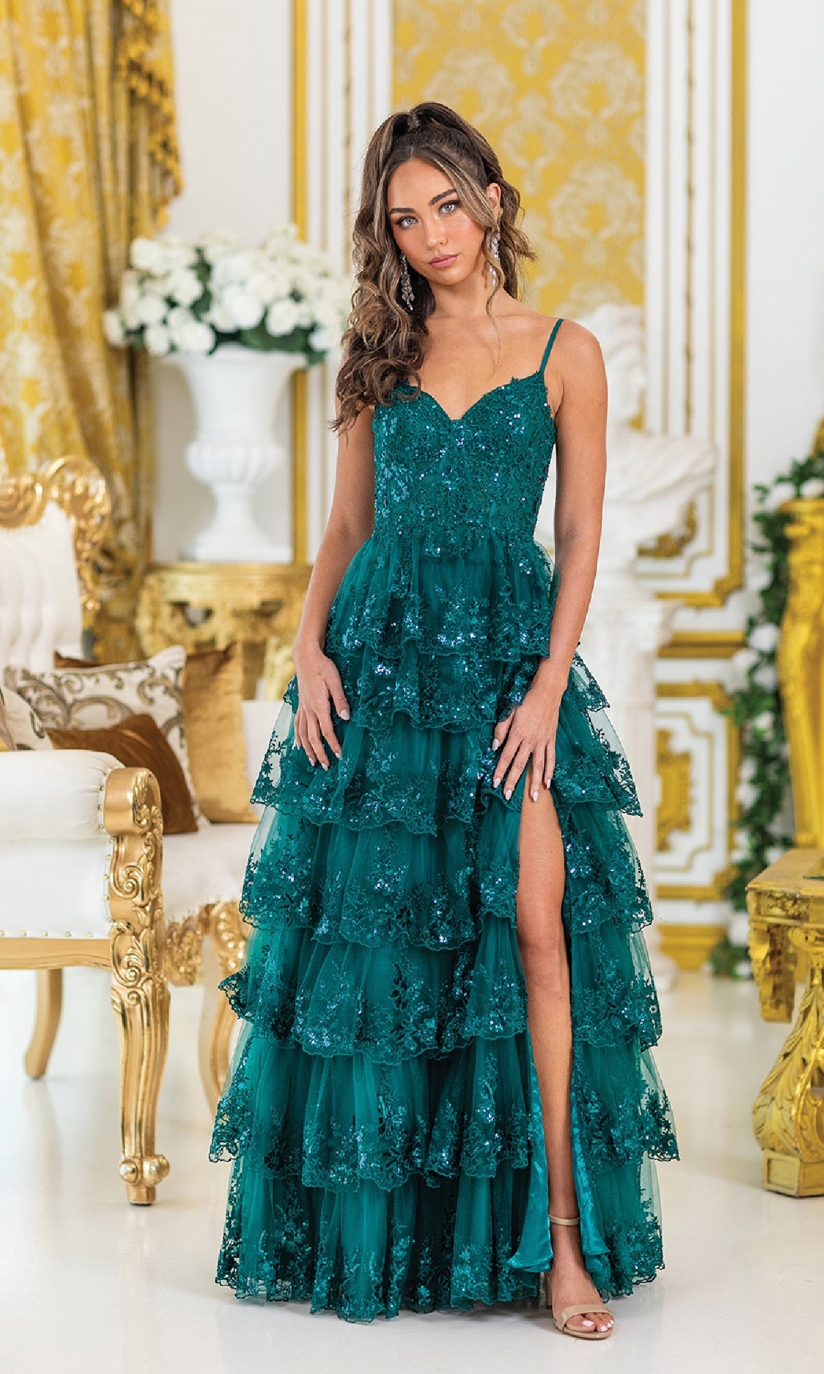 Sparkly Tiered Lace Prom Dress: Dancing Queen 4480 Hunter Green / XSmall Sparkly Tiered Lace Prom Dress: Dancing Queen 4480 Hunter Green / XSmall