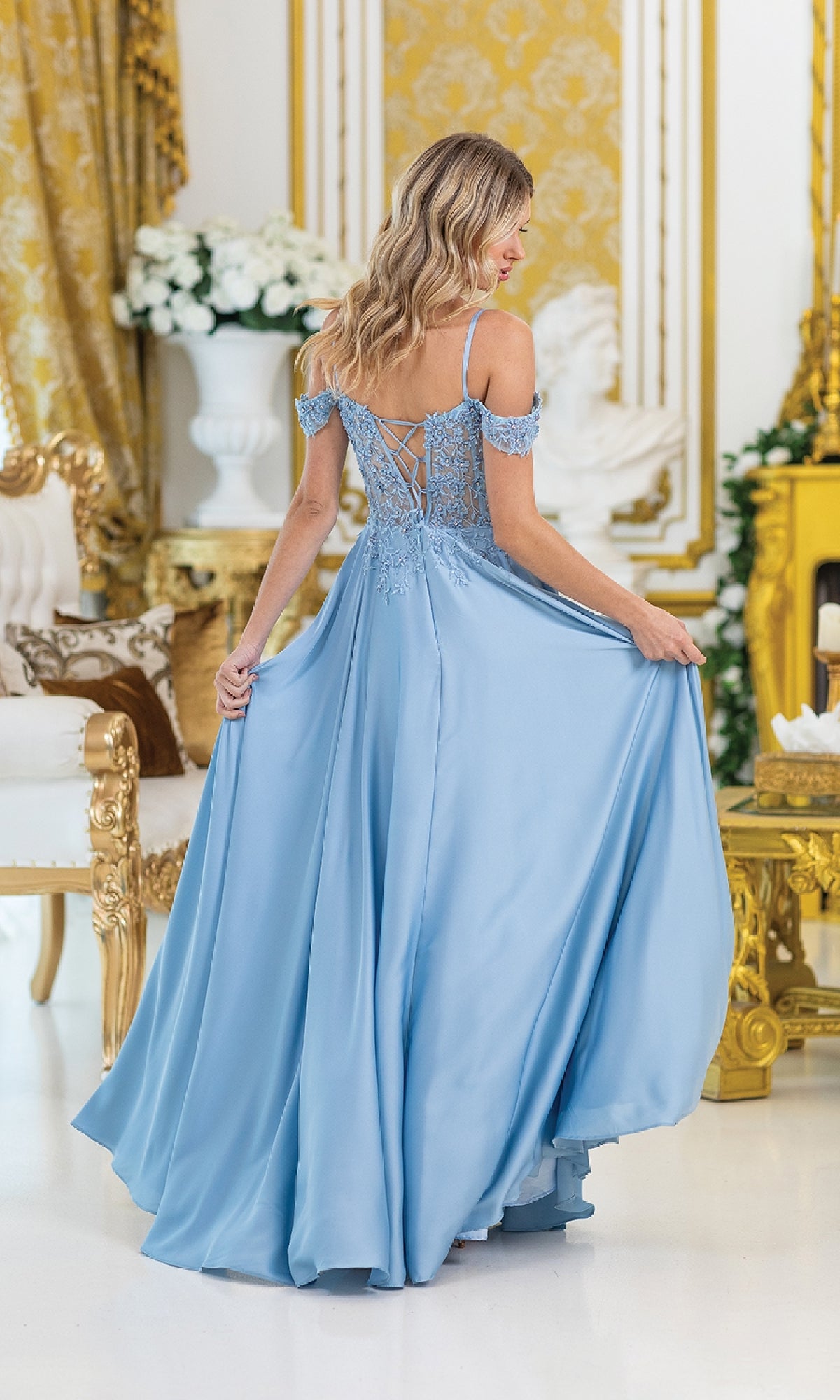 Lace-Up Corset Long Prom Dress with A-Line Skirt Bahama Blue / 3XLarge