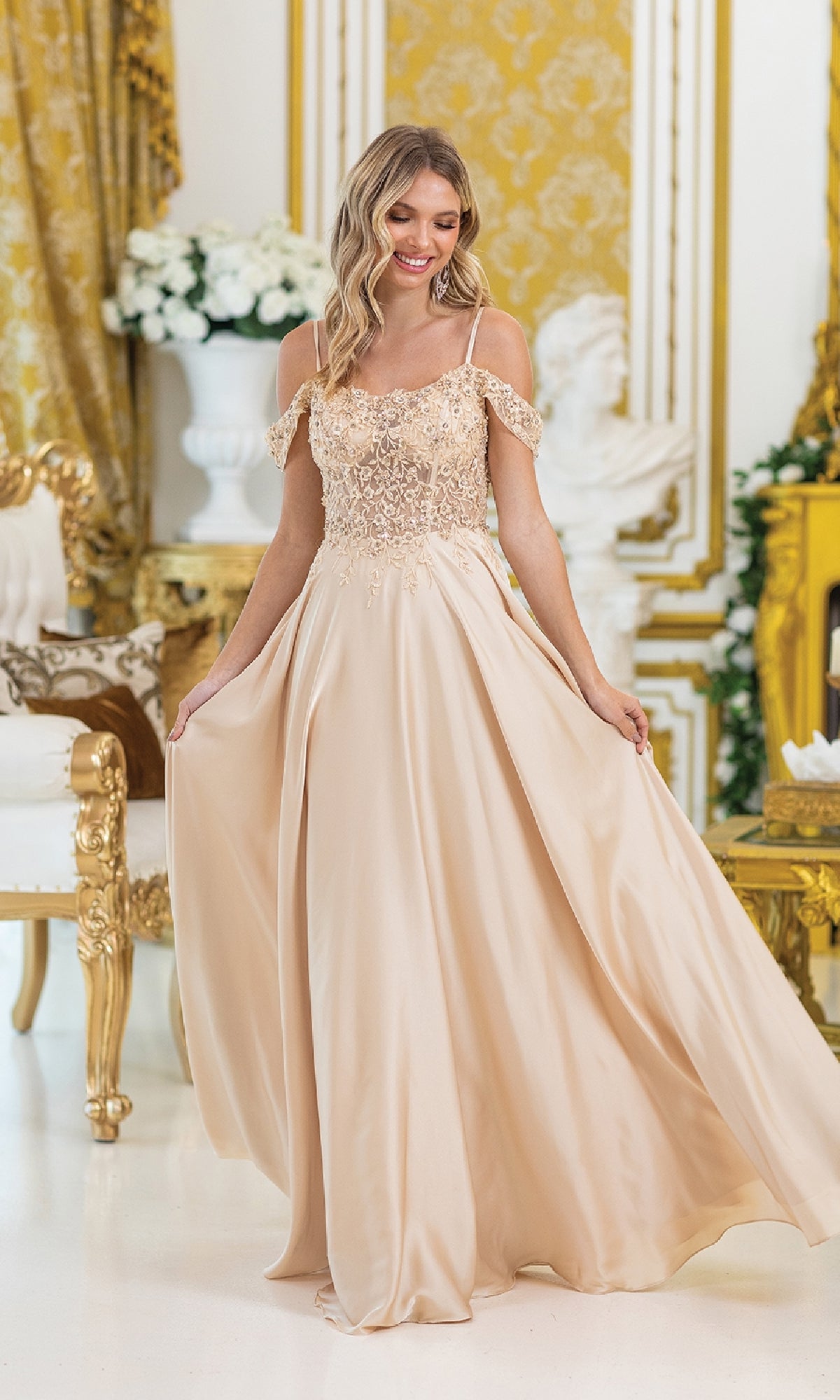 Lace-Up Corset Long Prom Dress with A-Line Skirt Champagne / Medium Lace-Up Corset Long Prom Dress with A-Line Skirt Champagne / Medium