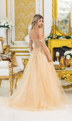 A woman in the Lace-Up Long A-Line Prom Dress: Dancing Queen 4490 poses in a lavish, gold-accented room with ornate furniture and floral decorations.