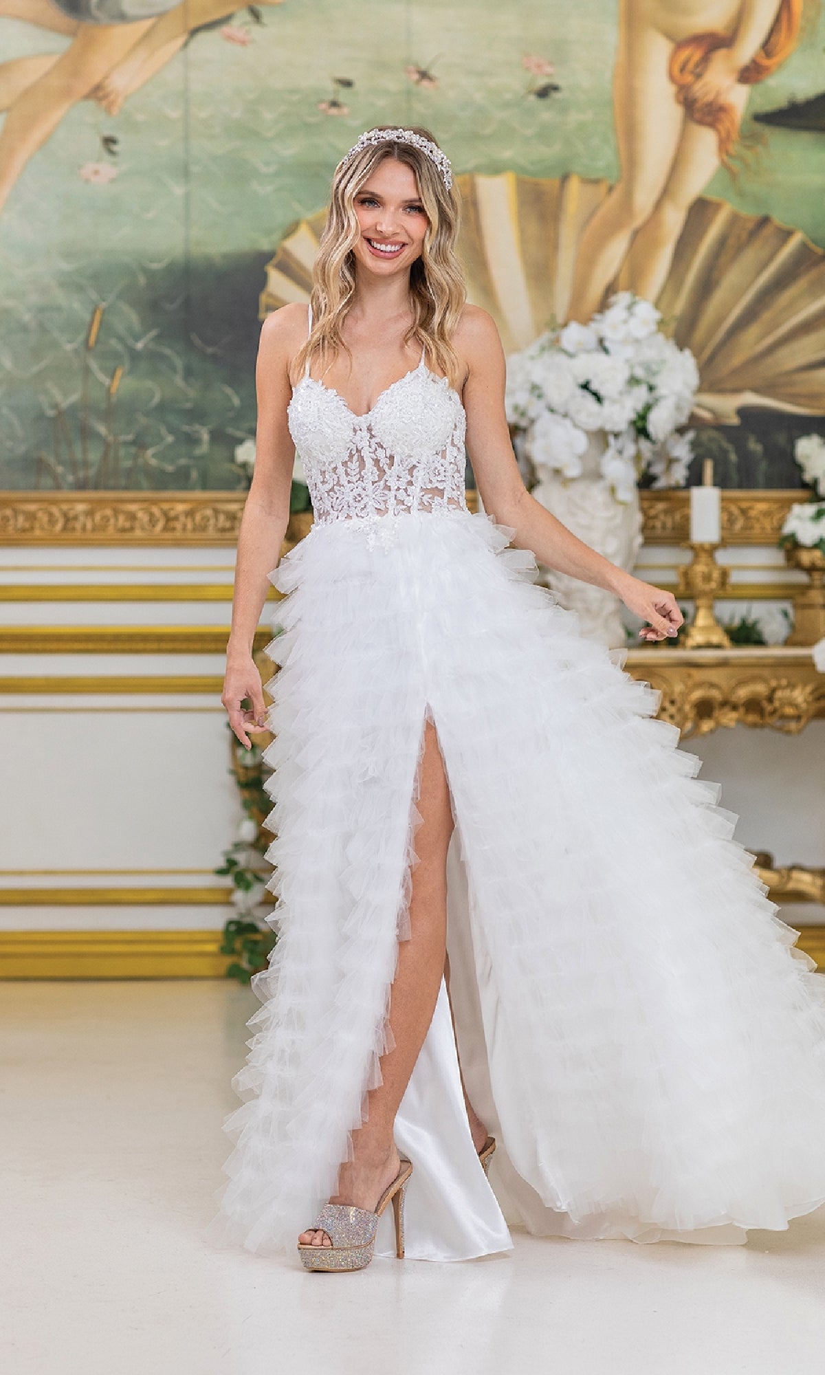 Sequin-Lace Bodice Long A-Line Prom Dress with Ruffles Off White / 3XLarge