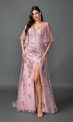 A woman wears the Dancing Queen 4493 Removable Sleeves Prom Gown in dusty rose, featuring floral embroidery, a V-neckline, flutter sleeves, floor-length skirt with front slit. She pairs it with beige high-heeled sandals and has long dark hair.