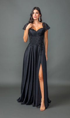 A woman wears the Dancing Queen 4496 Short-Sleeve Long Formal Dress in black, featuring glitter lace, a sweetheart neckline, flutter sleeves, and a thigh-high slit, standing against a plain gray background.