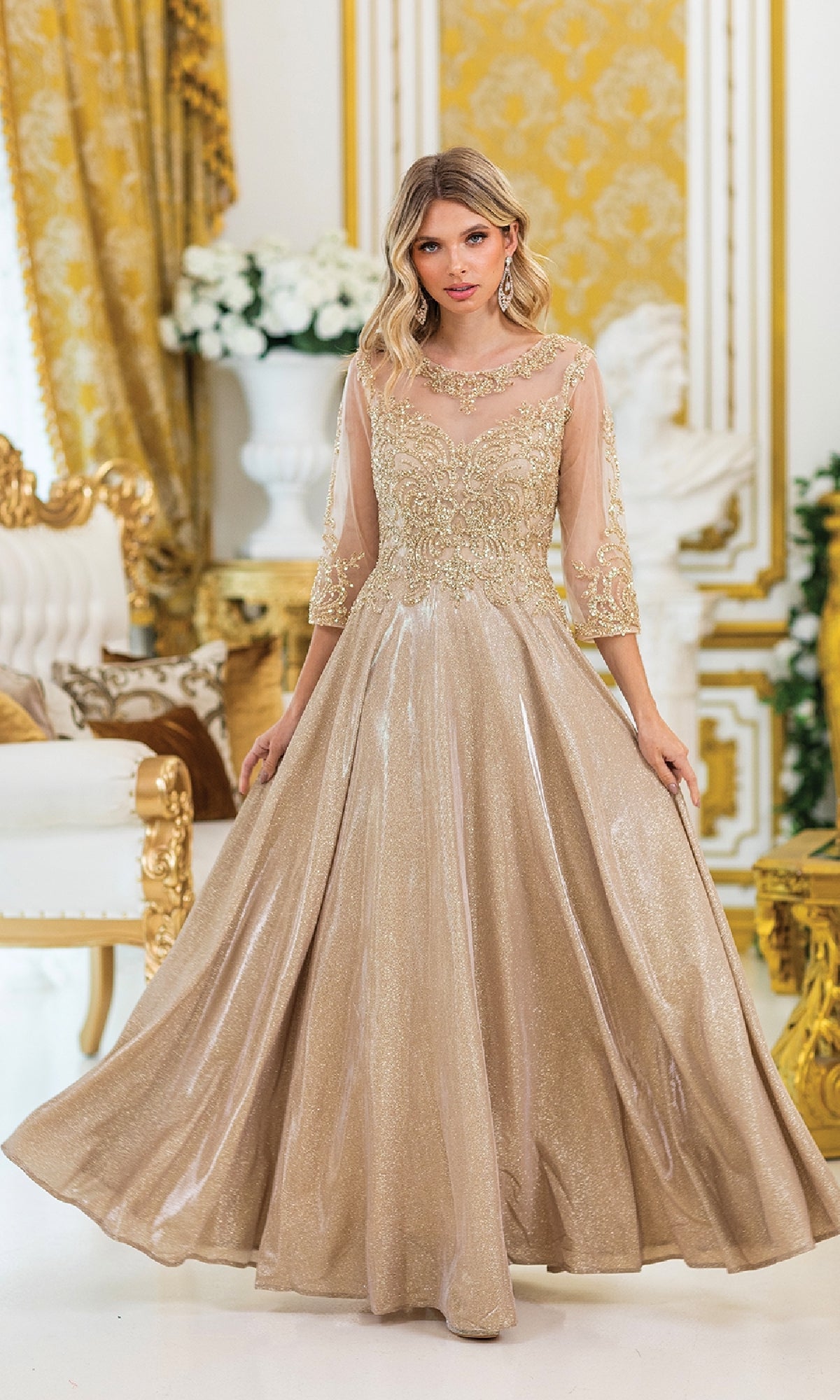 long dance dresses A-Line Formal Dress with Long-Sleeve Lace Bodice Champagne / 3XLarge Color:Navy / Black Baby Girl's Crochet Yoke orchid Swarovski beads jd