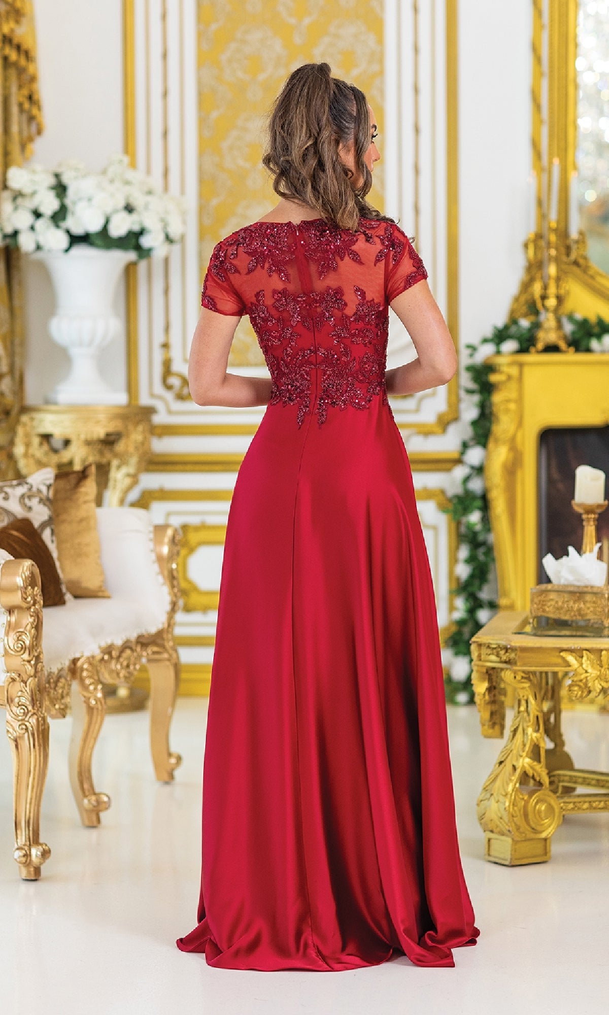 Short-Sleeve Long A-Line Prom Dress with Beads Champagne / XLarge