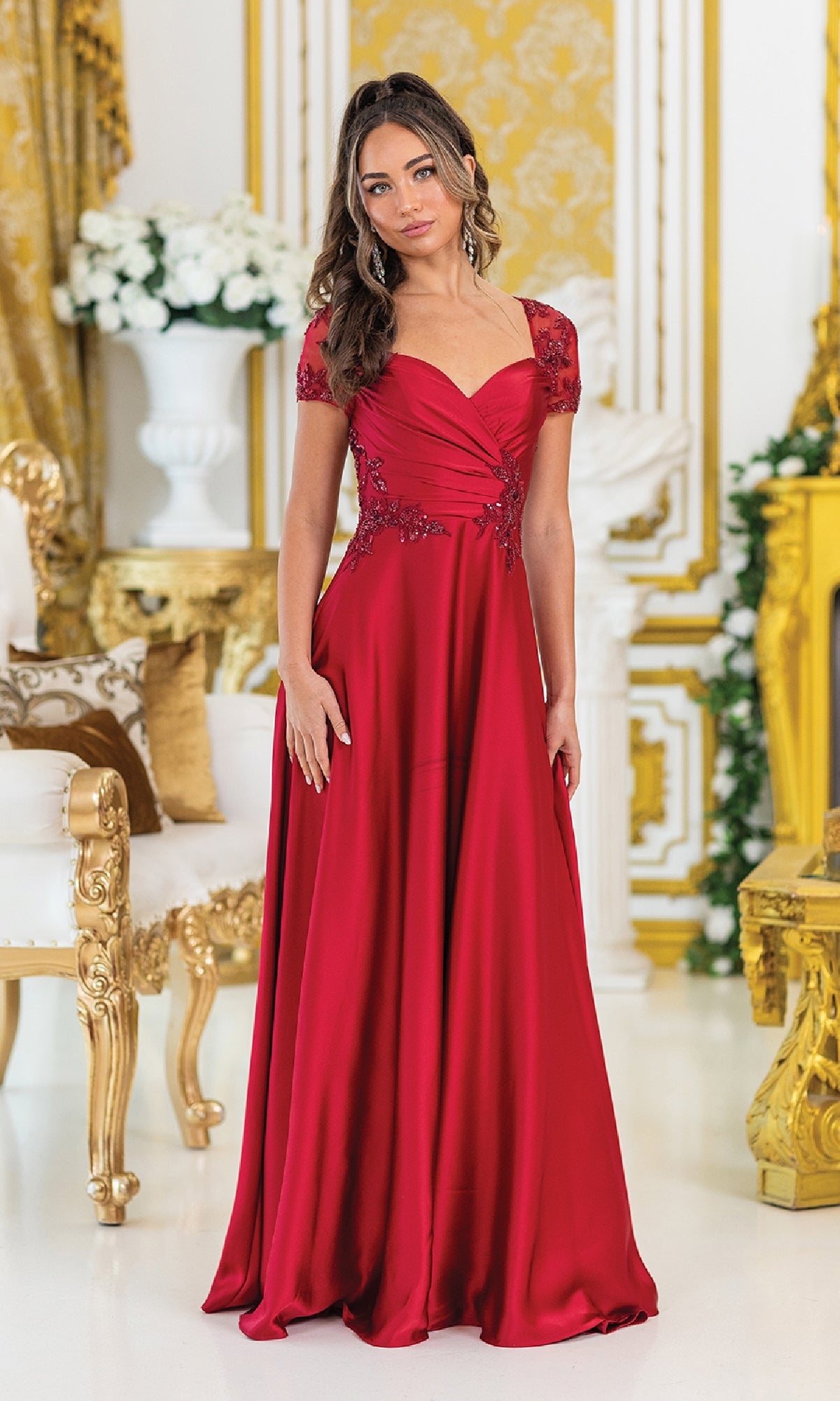 Short-Sleeve Long Prom Dress: Dancing Queen 4499 Burgundy / XSmall