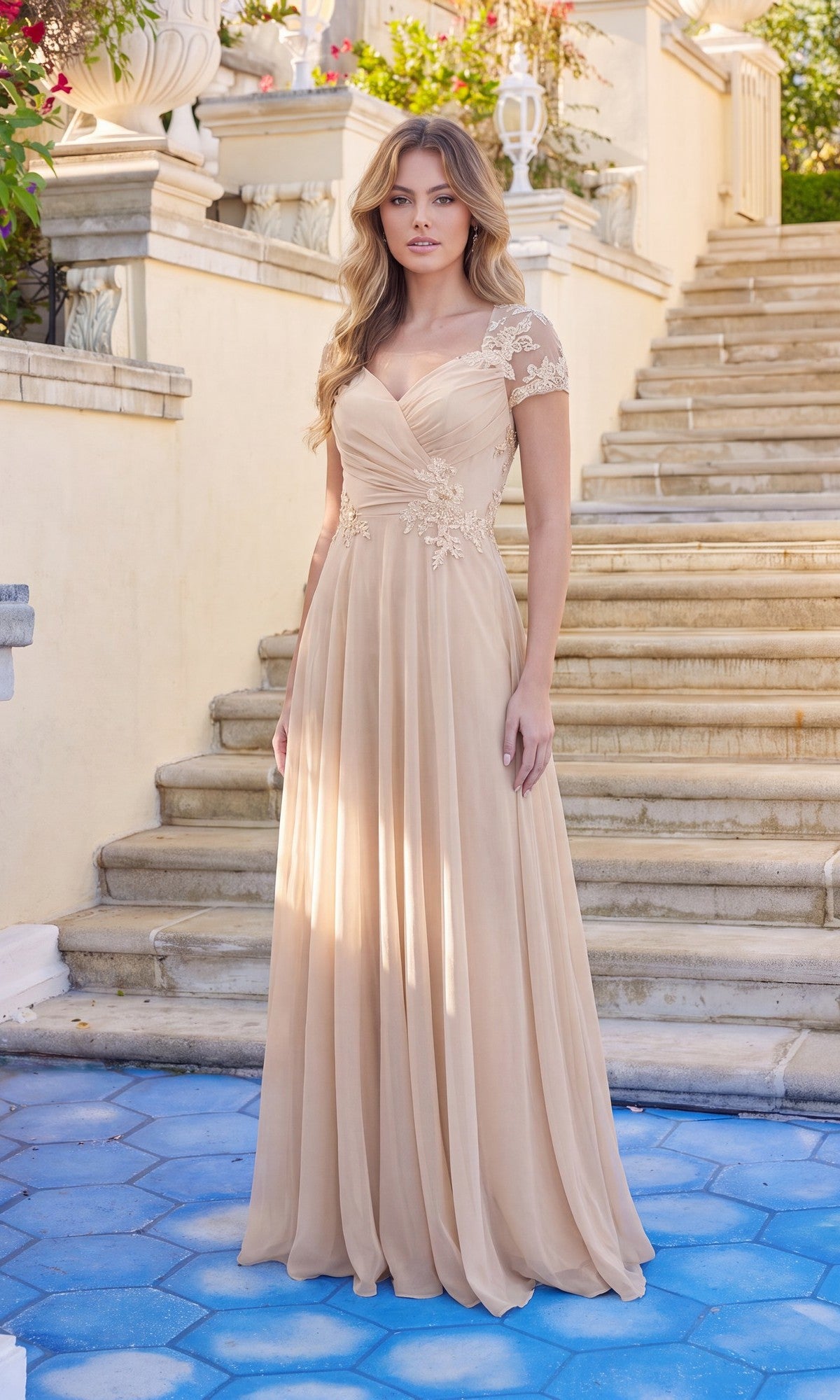 Short-Sleeve Long Prom Dress: Dancing Queen 4499 Champagne / XSmall