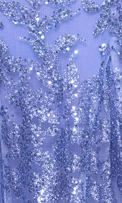 Close-up of a light purple fabric from the Blondie Nites 4501BN Long Sequin-Print Prom Dress, featuring glittering sequins and beaded floral patterns.