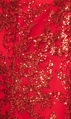 Close-up of red fabric with intricate sequin embroidery in a floral pattern, featured on the Blondie Nites 4501BN Long Sequin-Print Prom Dress.