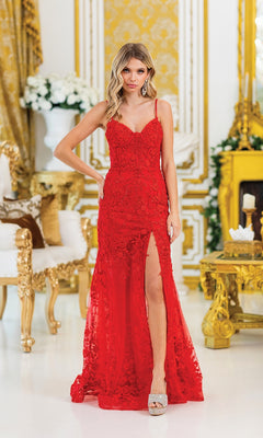 A woman wears the Beaded-Floral Long Prom Dress: Dancing Queen 4501, featuring beaded flowers and a thigh-high slit, while standing in an ornately decorated room with gold and white furnishings.