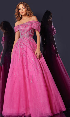 A woman stands against a dark background wearing the Jovani 45067 long fuchsia prom dress, featuring an off-the-shoulder neckline, an A-line skirt, and sparkling beaded embellishments.