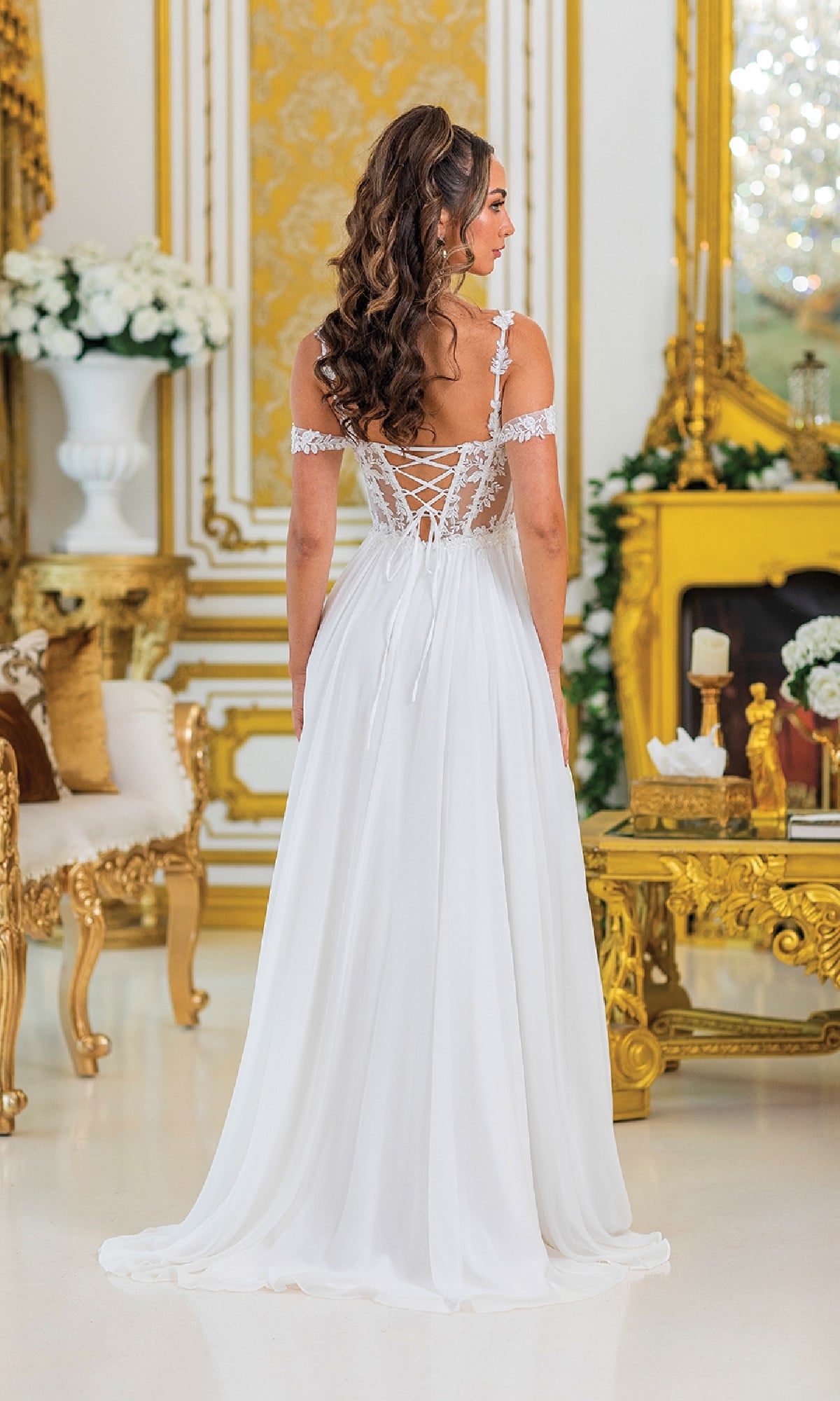 Long A-Line Prom Dress with Sheer Embroidered Corset Off White / XLarge Long A-Line Prom Dress with Sheer Embroidered Corset Off White / XLarge