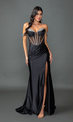 A woman models the Sheer-Corset Long Prom Dress (Dancing Queen 4508) in black, featuring a beaded corset bodice, off-the-shoulder jeweled straps, high slit, and silver embellishments against a plain gray background.
