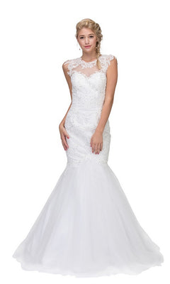 A woman wears the Eureka 4510 Long Prom Dress in white, featuring a fitted mermaid tulle design with lace cap sleeves and an illusion neckline, standing against a plain white background.