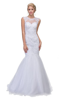 A woman models the Long Prom Dress: Eureka 4510 in off white—a sleeveless mermaid tulle dress with a lace illusion neckline and flowing skirt—standing against a plain white background.