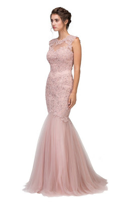 A woman in the Eureka 4510 long prom dress in dusty rose, featuring a sleeveless mermaid tulle silhouette with lace and beaded embellishments and a delicate illusion neckline, stands against a white background.