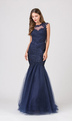 A woman poses against a plain light background in the Eureka 4510 long prom dress, featuring a navy blue mermaid tulle silhouette and a lace illusion neckline.