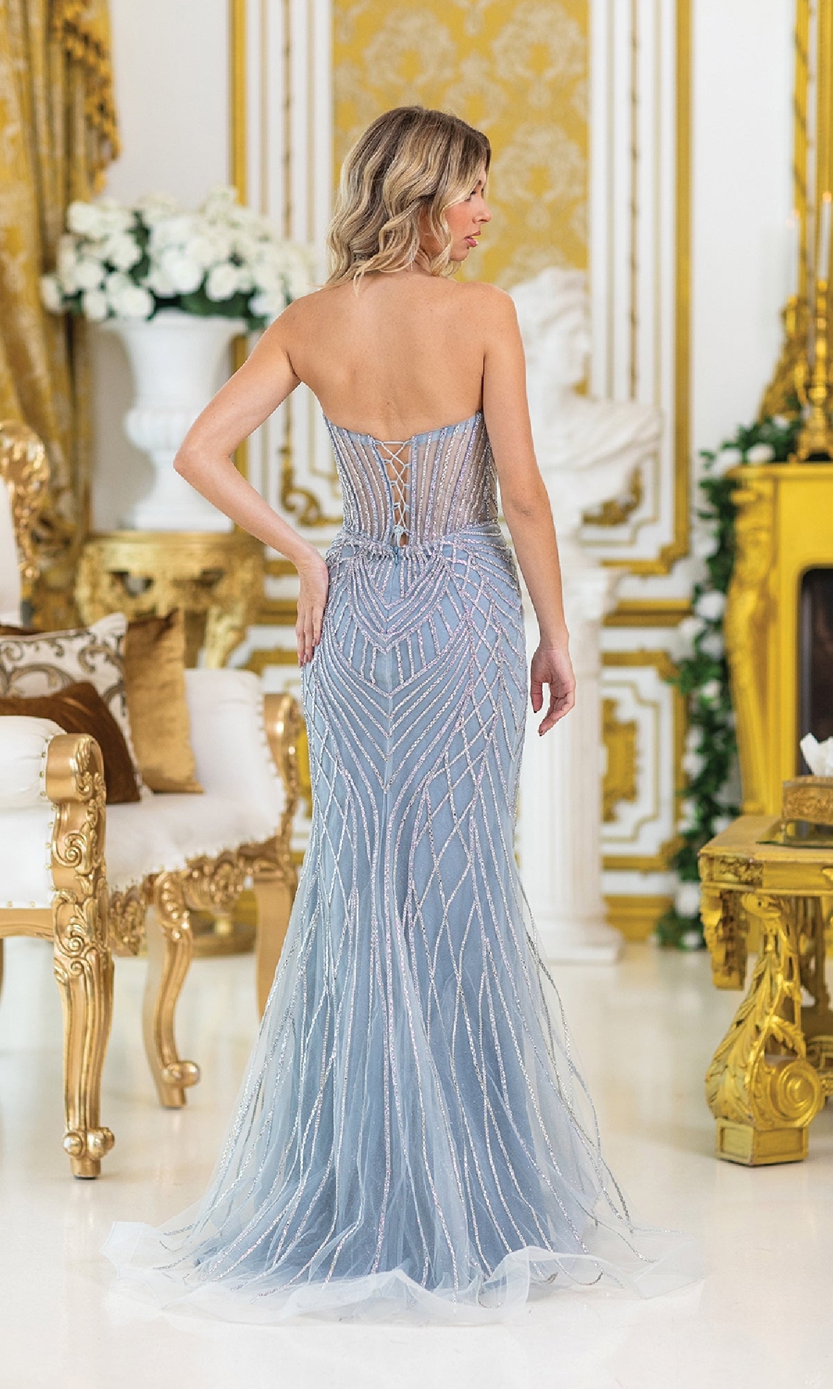 Strapless Long Beaded Prom Dress with Lace-Up Corset PromGirl Strapless Long Beaded Prom Dress with Lace-Up Corset PromGirl