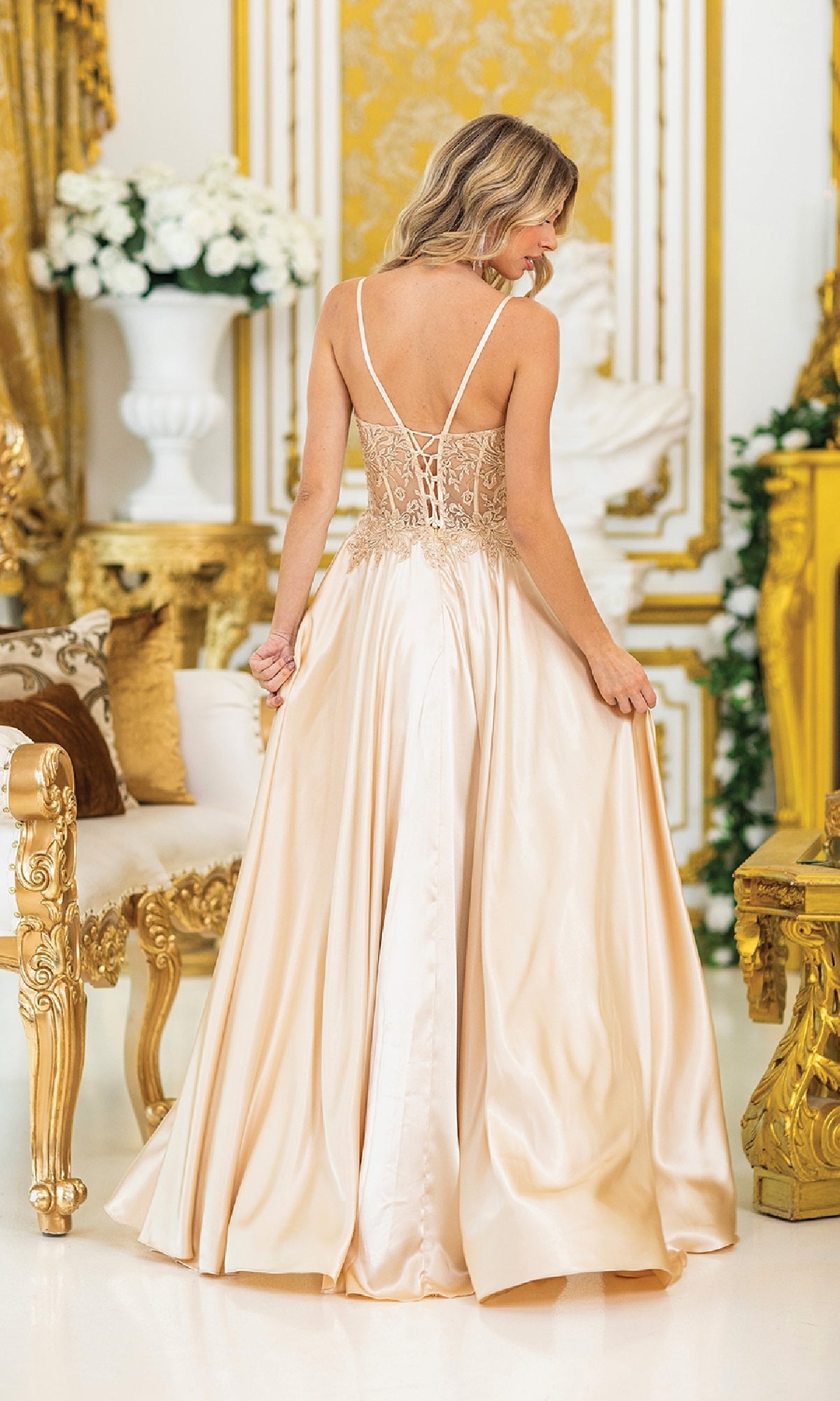 Lace-Bodice Long A-Line Prom Dress with Sheer Waist Gold / 2XLarge Lace-Bodice Long A-Line Prom Dress with Sheer Waist Gold / 2XLarge
