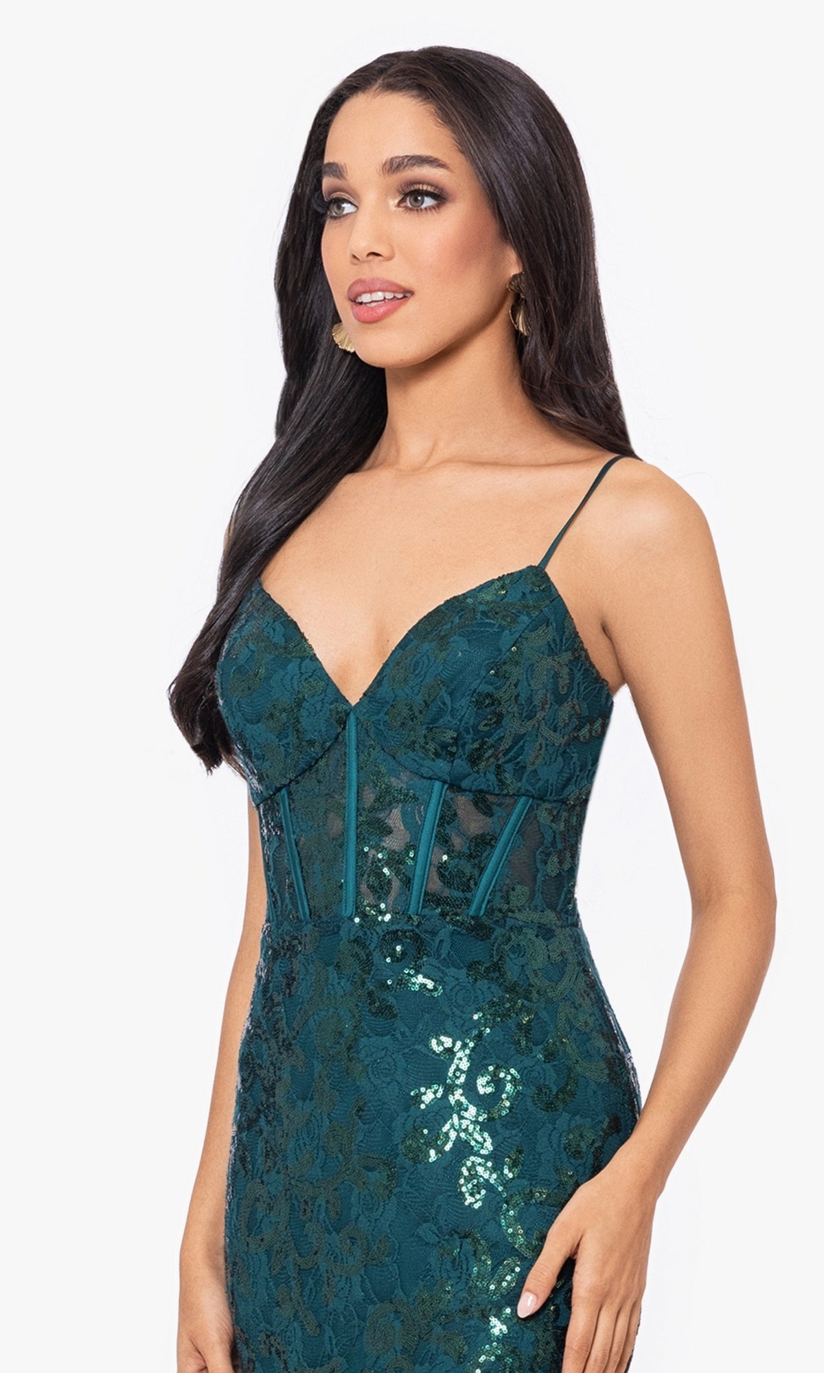 Lace-Up Back Long Sequin-Lace Prom Dress