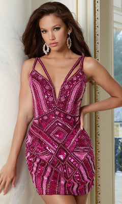 Woman in a sleeveless, geometric-patterned magenta Jovani 45255 sequin dress with a deep V neckline—an eye-catching short homecoming look—standing indoors by a window.