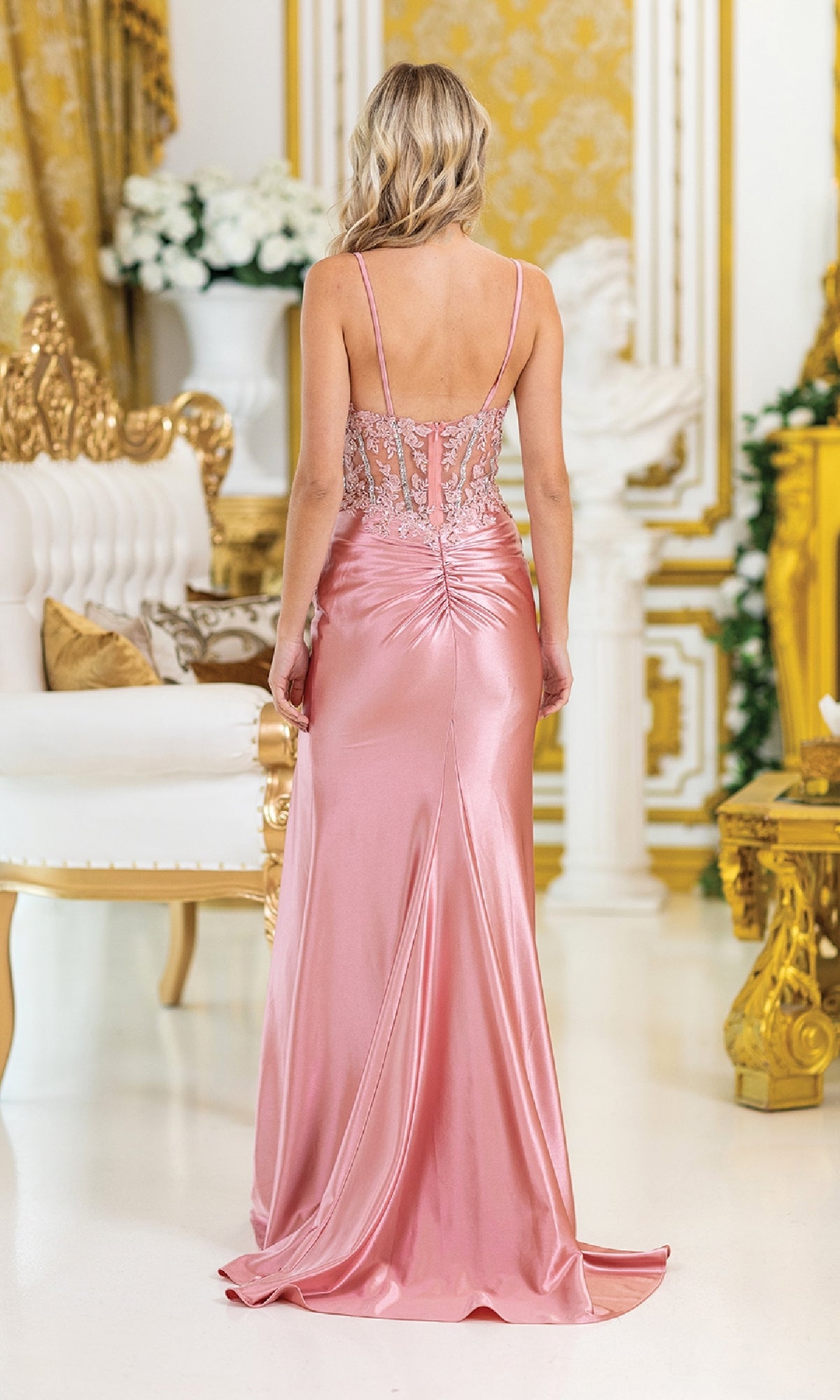 Long Prom Dress with Sheer Beaded Corset Gold / Small