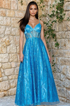 Long Glitter A-Line Corset Prom Dress with Pockets PromGirl Long Glitter A-Line Corset Prom Dress with Pockets PromGirl