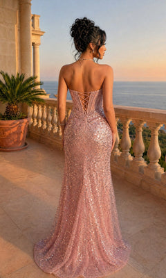 A woman in a strapless long blue prom dress (Dancing Queen 4534) with a lace-up open back stands on a balcony overlooking the sea at sunset, facing away from the camera.