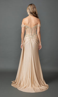 A woman faces away, wearing the Dancing Queen 4535 long prom dress in gold. The off-the-shoulder style features a fitted sheer corset bodice, draped fabric, and elegant lace embroidery. She stands against a plain gray background.
