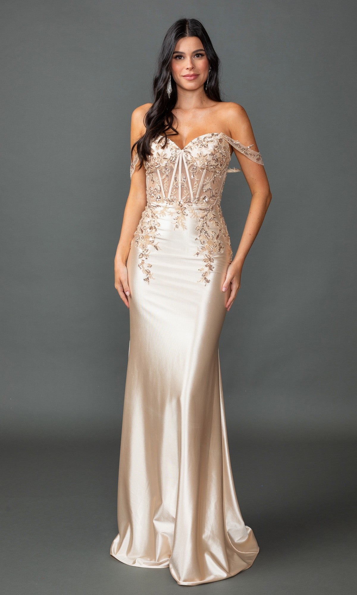 Off-Shoulder Mermaid Prom Gown: Dancing Queen 4540 Champagne / XSmall