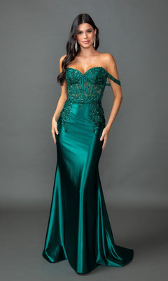 A woman models the Long Prom Dress: Dancing Queen 4540—a fitted, off-the-shoulder emerald satin mermaid gown with sequin lace and floral details—posed against a plain gray background.