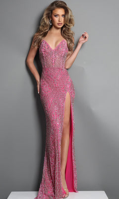 A woman wearing the Jovani 45434 Long Formal Dress—a fitted pink beaded sheath gown with a thigh-high slit—stands against a plain gray background.