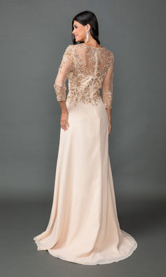 A woman stands with her back to the camera wearing the Dancing Queen 4543 long formal dress, featuring a cream hue, sheer embellished sleeves and back, a sequin lace bodice, and an elegant A-line skirt against a gray backdrop.