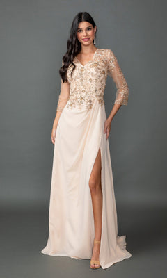 A woman models the Dancing Queen 4543 long formal dress with a sequin lace bodice, sheer three-quarter sleeves, an A-line skirt, and a high slit, standing before a gray backdrop.