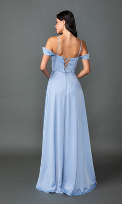 A woman stands facing away from the camera against a gray background, wearing the Dancing Queen 4544 long prom dress—a light blue, floor-length A-line gown with off-the-shoulder sleeves and a lace-up back.