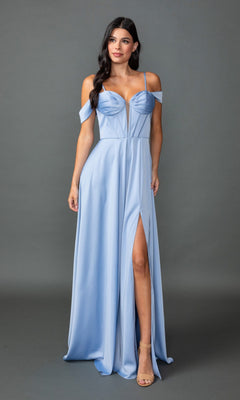 A woman models the Dancing Queen 4544 long prom dress in light blue, featuring spaghetti straps, an off-the-shoulder neckline, and a thigh-high slit, standing before a plain gray background.