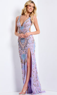 A woman stands against a white wall in the Jovani 45533 long prom dress, featuring lavender fabric, sleeveless design, intricate beadwork, and a high slit.