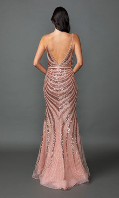 A woman models the Dancing Queen 4557, a sleeveless, floor-length rose gold sequin prom gown with a deep V-back, against a plain gray background.