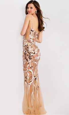 A woman poses in the Jovani 45601 long prom dress—a nude and gold sequin gown with a floral pattern, backless and sleeveless—standing against a plain light background.