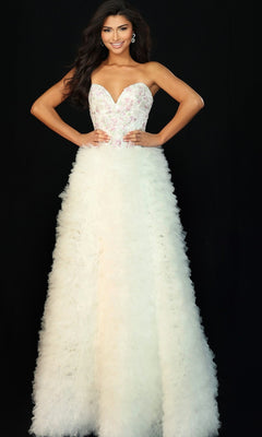 A woman poses against a black background wearing the Jovani 45636 long prom dress, featuring a strapless white design with a beaded bodice and textured ruffled A-line skirt.