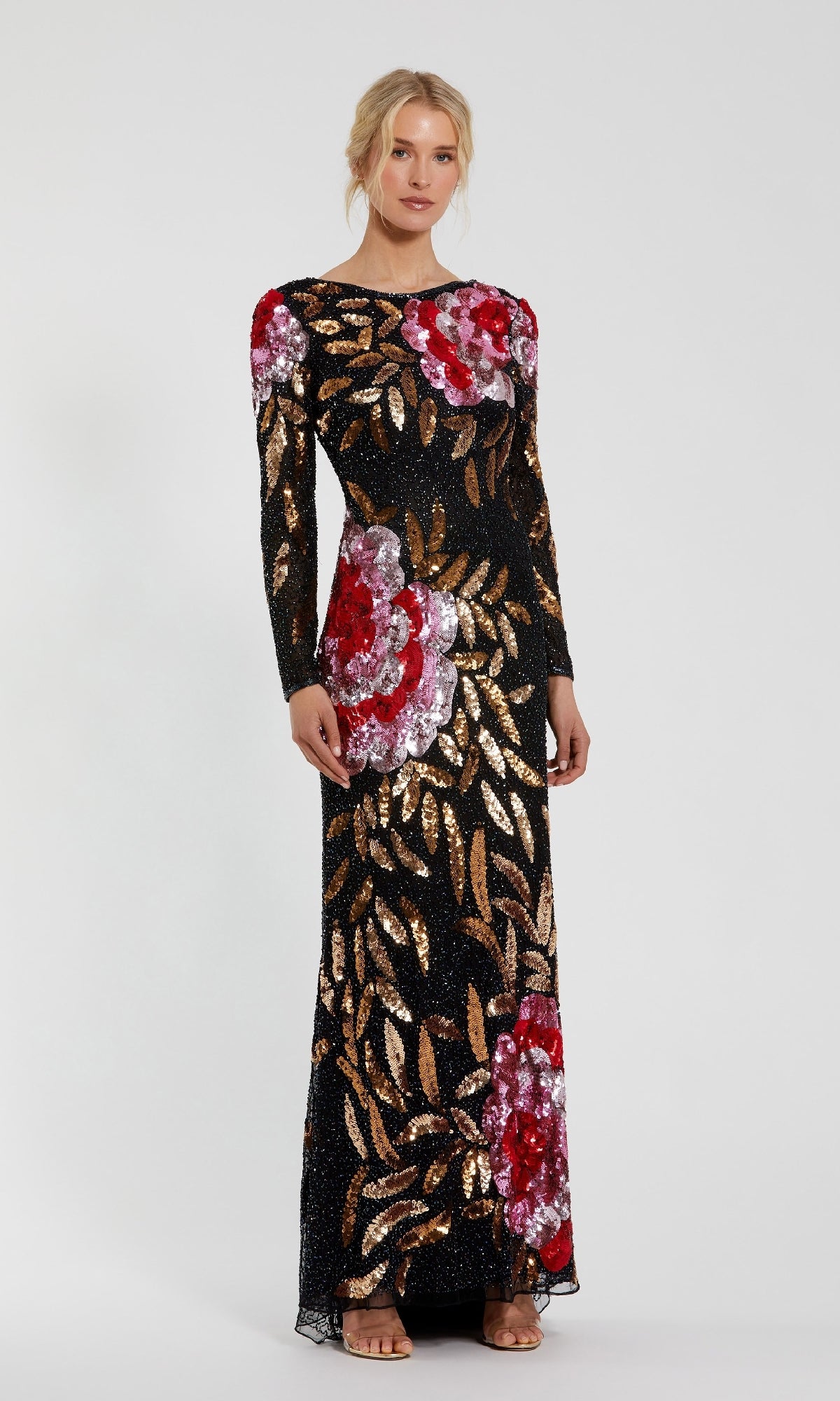 Mac Duggal Floral Sequined Evening Gown Black Red Multi, Size 6 Mac Duggal Floral Sequined Evening Gown Black Red Multi, Size 6