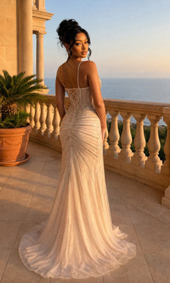 A woman wearing the Long Prom Dress: Dancing Queen 4566, a fitted beaded mermaid gown with a lace-up back, stands on a stone balcony at sunset, gazing out over the ocean with her back to the camera.